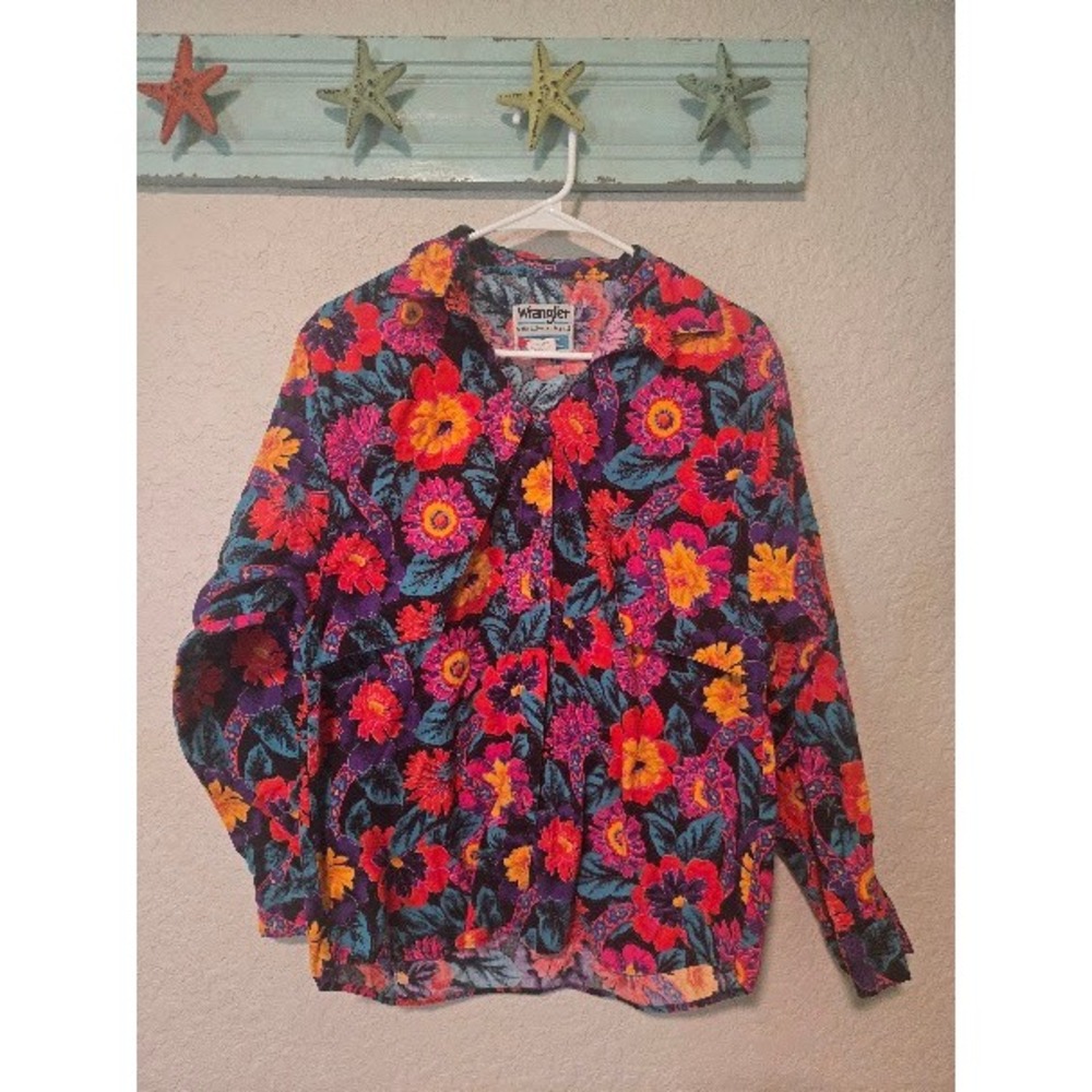 Wrangler Authentic Western Floral Button Down Shirt XL Pink Orange Teal Vintage